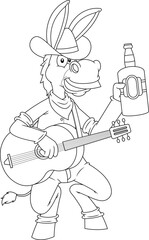 Outlined Donkey Jackass Cowboy Cartoon Character With Guitar And Whiskey Bottle. Vector Hand Drawn Illustration Isolated On Transparent Background