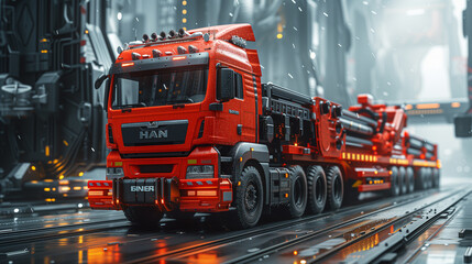 Red truck with automotive tires drives on wet asphalt in futuristic city