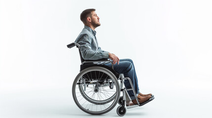 Disable young man in wheelchair, isolated on white background, side view.