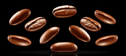Levitating roasted coffee beans on dark background for coffee lovers and cafes, close up shot