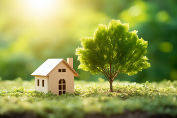 A tiny, simple house model next to a vibrant miniature tree is staged on a lush green background. Real estate business, new homes and mortgages