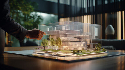 An architect carefully examines a detailed architectural model of a building, placed on a desk within a contemporary office setting, showcasing meticulous design and planning stages.