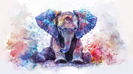 Fotobehang Éléphant Kawaii : Aquarelle Colorée, Douceur Ludique Un éléphant dans un style kawaii prend vie à travers des aquarelles colorées. L'innocence et la couleur se rencontrent. © Max