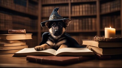  books on the table A playful German Shepherd puppy dressed as a wizard, complete with a cloak   - obrazy, fototapety, plakaty