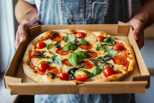 Casually dressed man holding italian pizza in box with copy space, food delivery concept