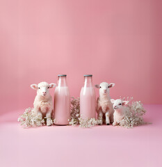 Concept of organic products, healthy milk drink in glass bottles with sheep and lambs and spring flowers on pastel pink background.