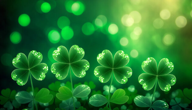 Beautiful Green Leaves Of Three And Four Leaf Clover Bokeh Light With Glitter Dust Background For St Patrick's Day. Generative AI.