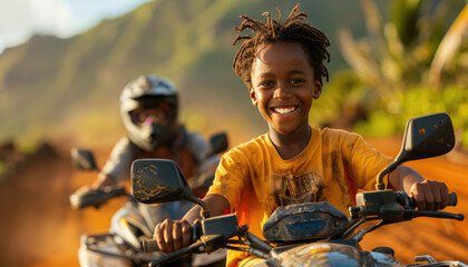 A young African american boy joyfully rides a quad bike with his instructor