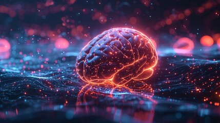 Glowing neural network showcases AI and human intelligence fusion in a hyper-realistic 3D brain render