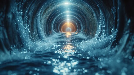 Inside view of water flowing through a pipeline, dynamic and immersive perspective