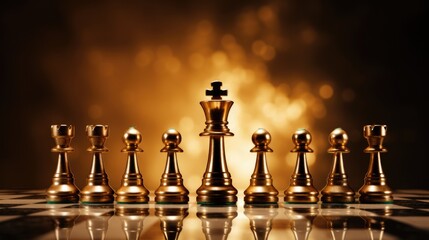 Background with chess pieces in Gold color. - obrazy, fototapety, plakaty