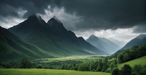 a green valley with mountains and clouds.  Generative AI.