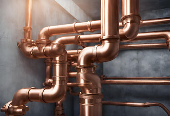 Plumbing service with copper pipeline of a heating system. Plumbing, fixing pipes and fittings for connection of water or gas systems