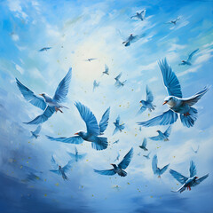 Freedom Captured in Flight: A Sublime Encounter with Birds Soaring in the Azure Sky