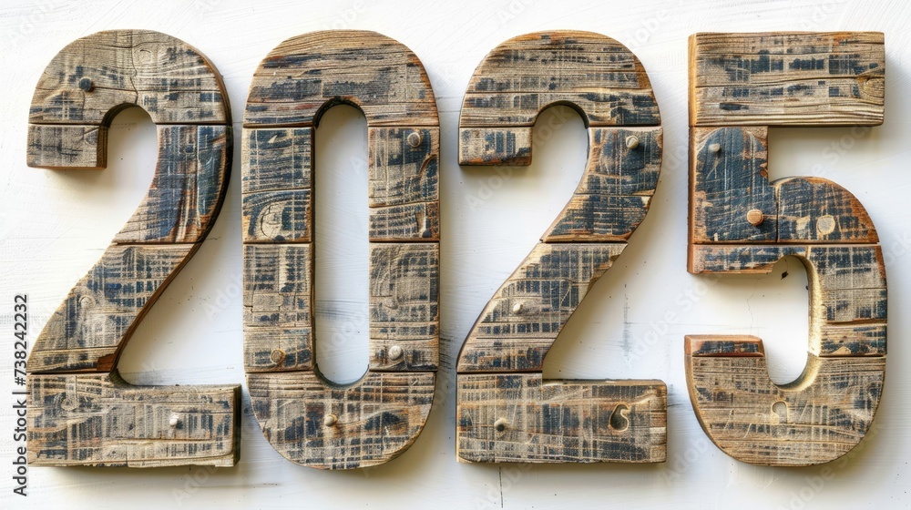 Poster dark oiled wood number 2025 shape isolated on white background for elegant design concepts