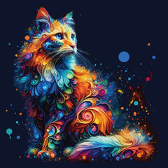 Cute sitting cat watercolor splash paint vibrant colors eps vector illustration on isolated background, Abstract digital art for logo, t-shirt design, posters, banners, greetings, sticker print design