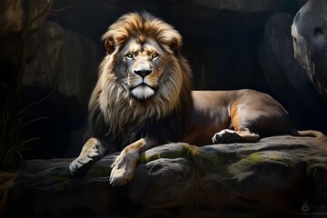 Naklejka premium Regal Repose The Lion Resting on a Rocky Outcrop