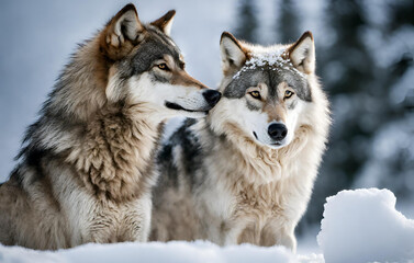 Obraz premium pair of wolf cubs in winter snow, two majestic wolves standing on a snowy hill