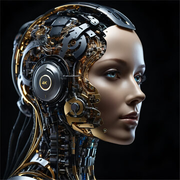 Concept Artificial intelligence . futuristic digital technology human and robot face close up, digital smart world metaverse concept isolated on black background