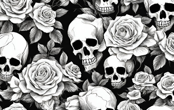 Skulls and roses are a great way to decorate a halloween themed wallpaper, Line Art of Skulls and Roses, Seamless monochrome camouflage pattern with human skull, roses, scattred beads