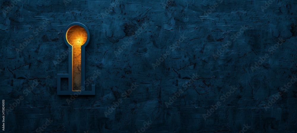 Poster mysterious keyhole with light shining through on dark background, copy space for text placement