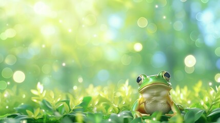 Close-up of a vibrant green frog amidst lush foliage under soft, magical light.