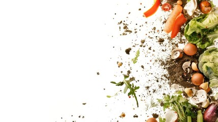 Generative AI, frame of food waste compost and soil, environmental concept, white background, biodegradable kitchen waste, composting organic food