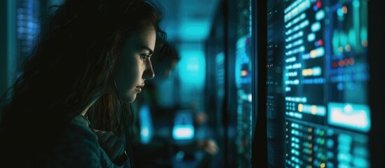 Cyberpunk crime involving a person coding software in a dark server room, a network hacker targeting a woman in cybersecurity for ransomware.