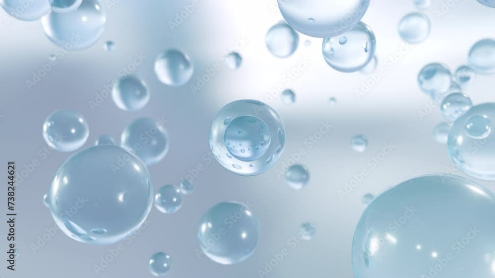 Poster The macro visualization demonstrates several air bubbles in water rising on a light blue background. Super slow motion. Elegance is clean. Moisturizing bubble blobs or drops. 3D Animation Design
