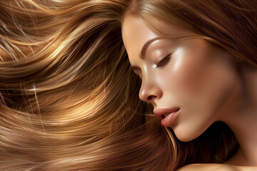 Luxurious Hair Waves, Close-Up on Luminous Skin, Sensual Beauty