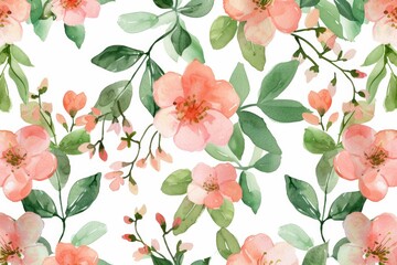 Watercolor flowers pattern, orange tropical elements, white background, seamless