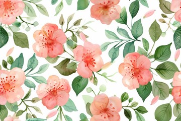 Watercolor flowers pattern, orange tropical elements, white background, seamless