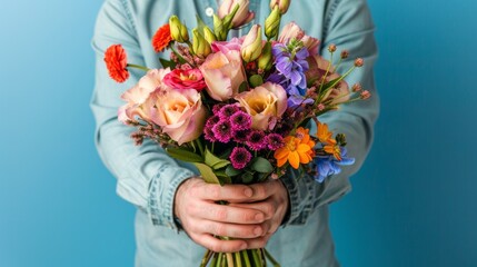 Person in denim shirt holding a vibrant bouquet of mixed flowers against a blue background.