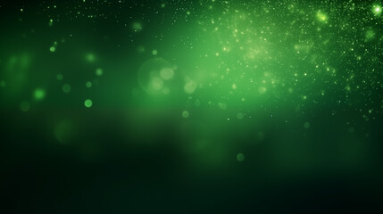 Particules scintillantes et brillantes vertes volant sur fond sombre. Lumi&egrave;re et paillettes flou. Vert. Fond pour banni&egrave;re, conception et cr&eacute;ation graphique.