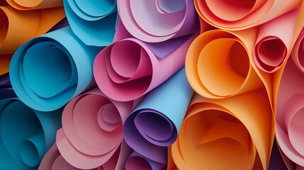 Vibrant rainbow of rolled paper sheets, abstract background and design element. AI