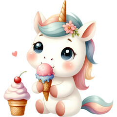 Cute baby unicorn eating ice cream.
