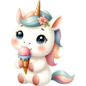 Cute baby unicorn eating ice cream.