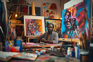 Contemplative Artist in Studio Amidst Vibrant Paintings, Creative Process