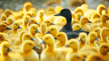 Black rubber duck unique or alone among yellow rubber duckies  - obrazy, fototapety, plakaty
