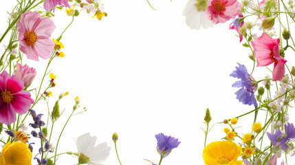 Field wild flowers arranged in a circle with empty blank space in the middle, round frame made of natural wild flowers on white background.