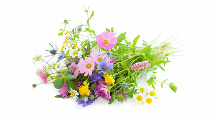 All kind of wild flowers on white background. Diverse colorful field flora.
