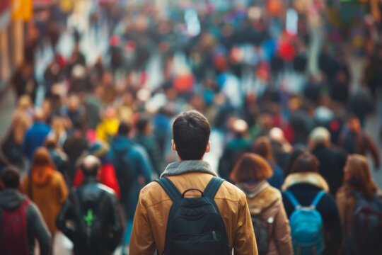 View From The Back Of A Man Walking On A Crowded Street