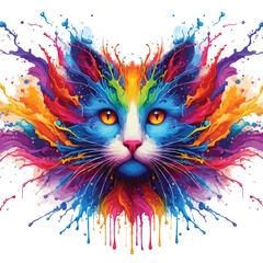 Cute cat watercolor splash paint vibrant colors face closeup eps vector illustration on isolated background, Abstract art for logo, t-shirt design, posters, banners, greetings, sticker print design