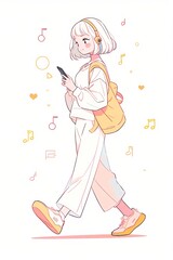 a girl is walking and looking at her phone