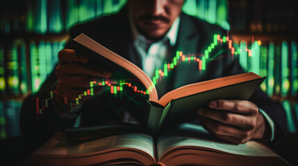 man in suit without face and green and red forex trading graphic down in the book