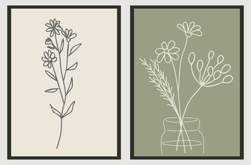 Tiny wild flowers Line Drawing Print Set. Botanical Sage Green Poster. Modern Line Art, Aesthetic Contour. Perfect for Home Decor, packaging, tattoo, logo, jewelry design. Vector illustrations