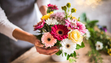 Obraz na płótnie Canvas Mãos de florista organizando um arranjo de flores coloridas. Cena de floricultura.