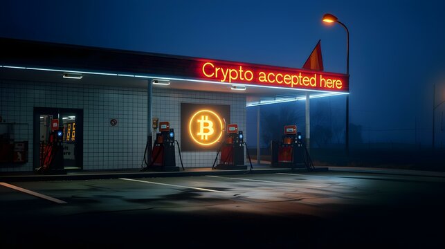 Gas station displays "Crypto accepted here" sign
