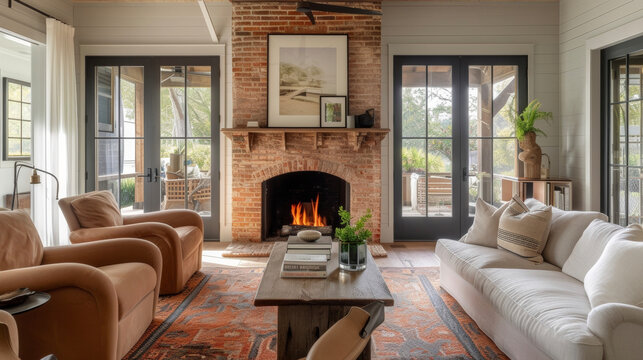 Curl up by the fireplace in the living room where the mantel is a statement piece made from reclaimed bricks salvaged from a nearby factory.