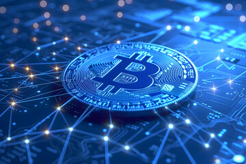 Naklejka premium Blue Bitcoin sits on an electronic circuit board. Illustration by artificial intelligence